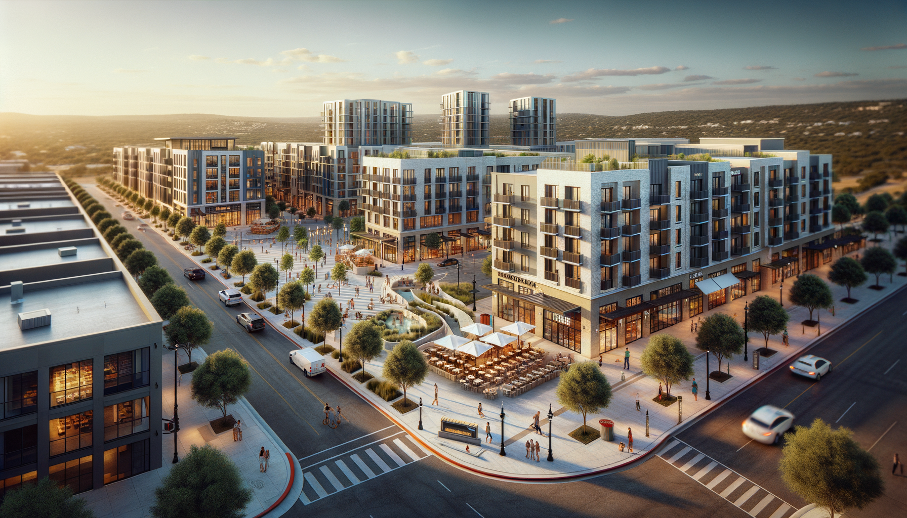 Schertz Station mixed-use development near San Antonio rendering Concept view of Schertz Station, a mixed-use real estate development near San Antonio with apartments, retail, and a public plaza