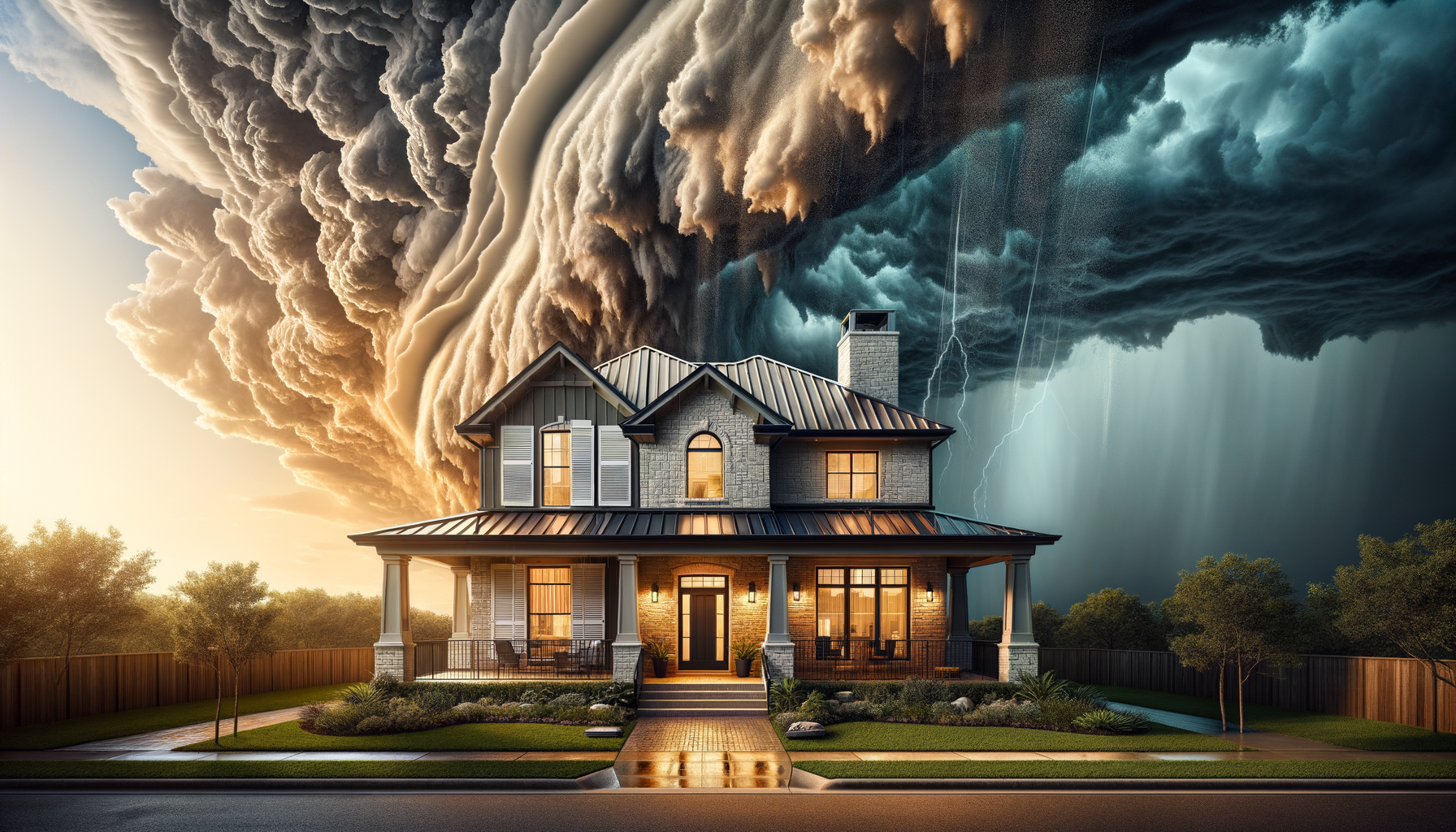 Extreme Weather and Texas Real Estate: Home Resilience Features Texas home with storm shutters, metal roof, and drainage features under split weather showing storm and extreme heat
