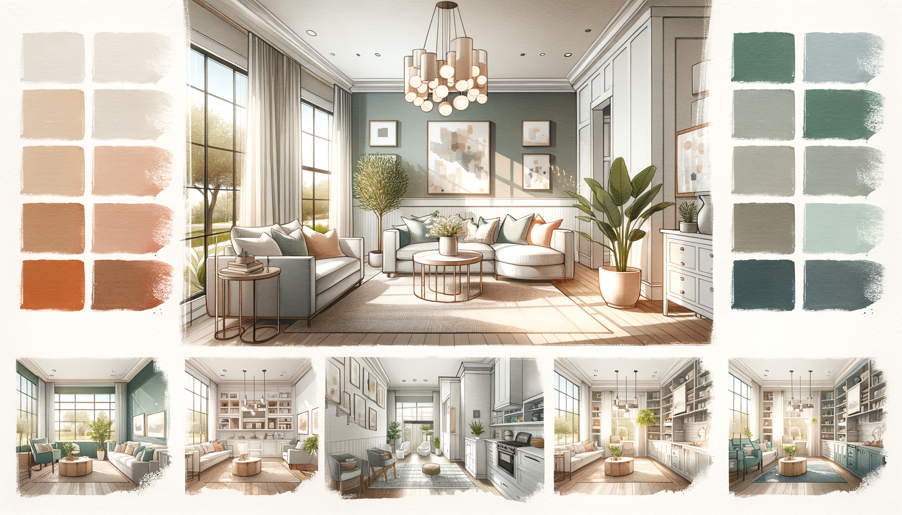 Best paint colors for every room in your home Collage of living room, kitchen, bedroom, bathroom, home office, and entryway showing best paint colors for every room and the mood they create