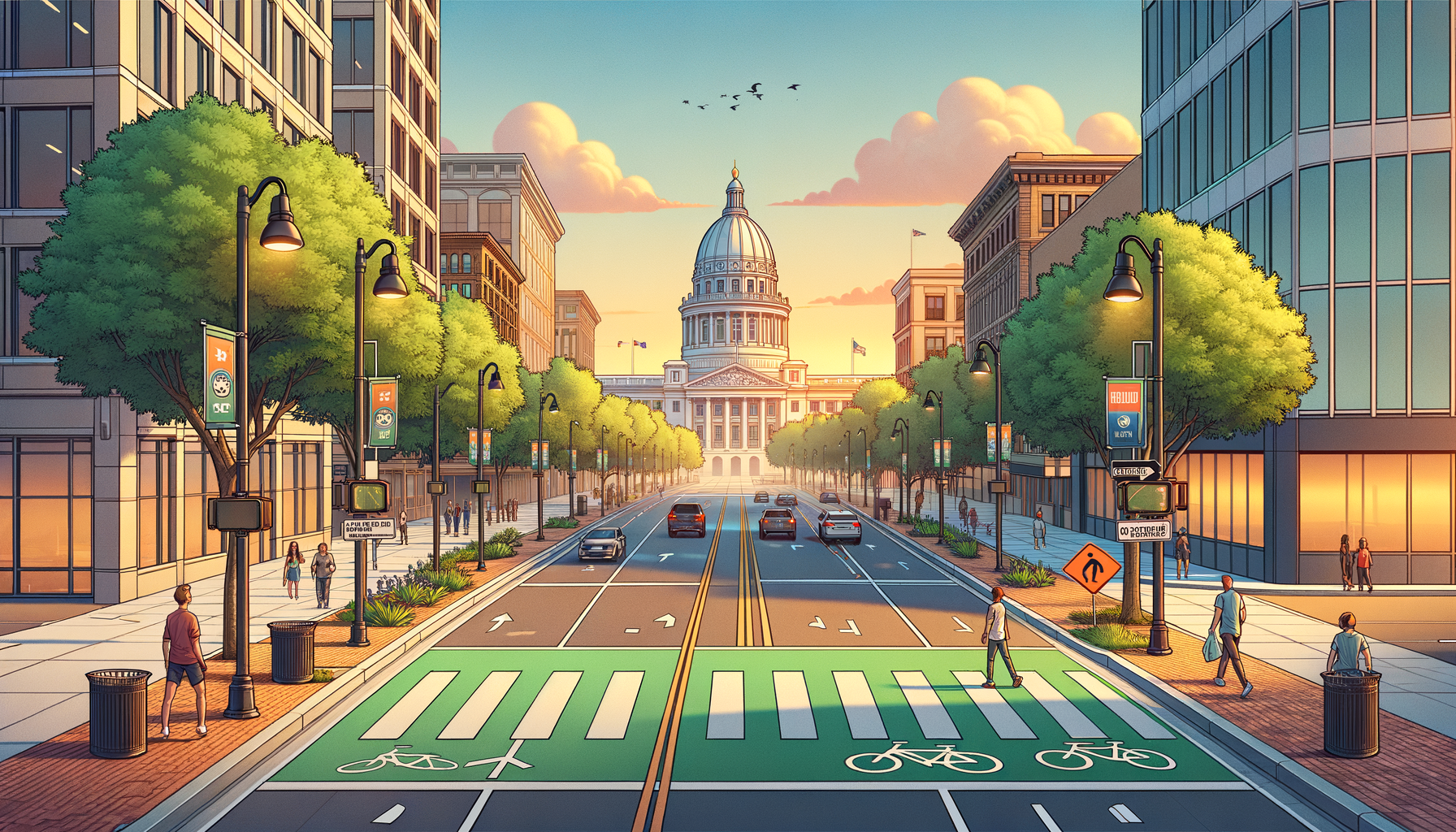 Austin Congress Avenue revitalization project streetscape rendering Conceptual view of Austin Congress Avenue improvements with trees, wider sidewalks, and safer bike and pedestrian access downtown