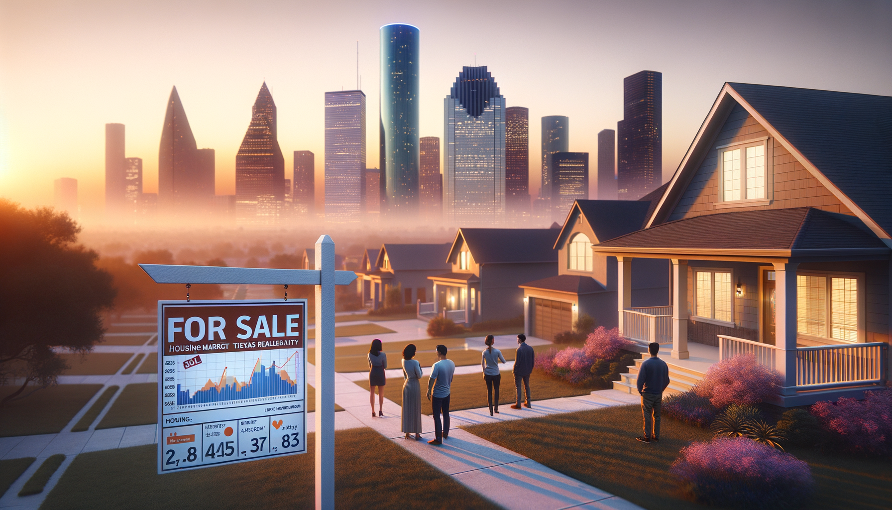 Houston Most Buyer-Friendly Housing Market in Texas 2026 Houston skyline with for-sale sign illustrating Zillow ranking naming Houston the most buyer-friendly Texas housing market for 2026