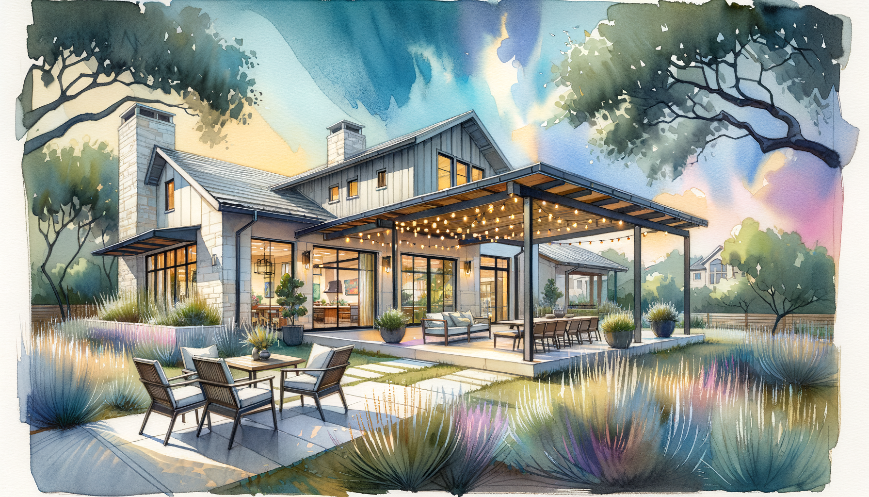 Home Features Buyers Love in Texas: Outdoor Living and Open Floor Plan Watercolor of a modern Texas home with covered patio, open kitchen view, and home office nook in an Austin neighborhood