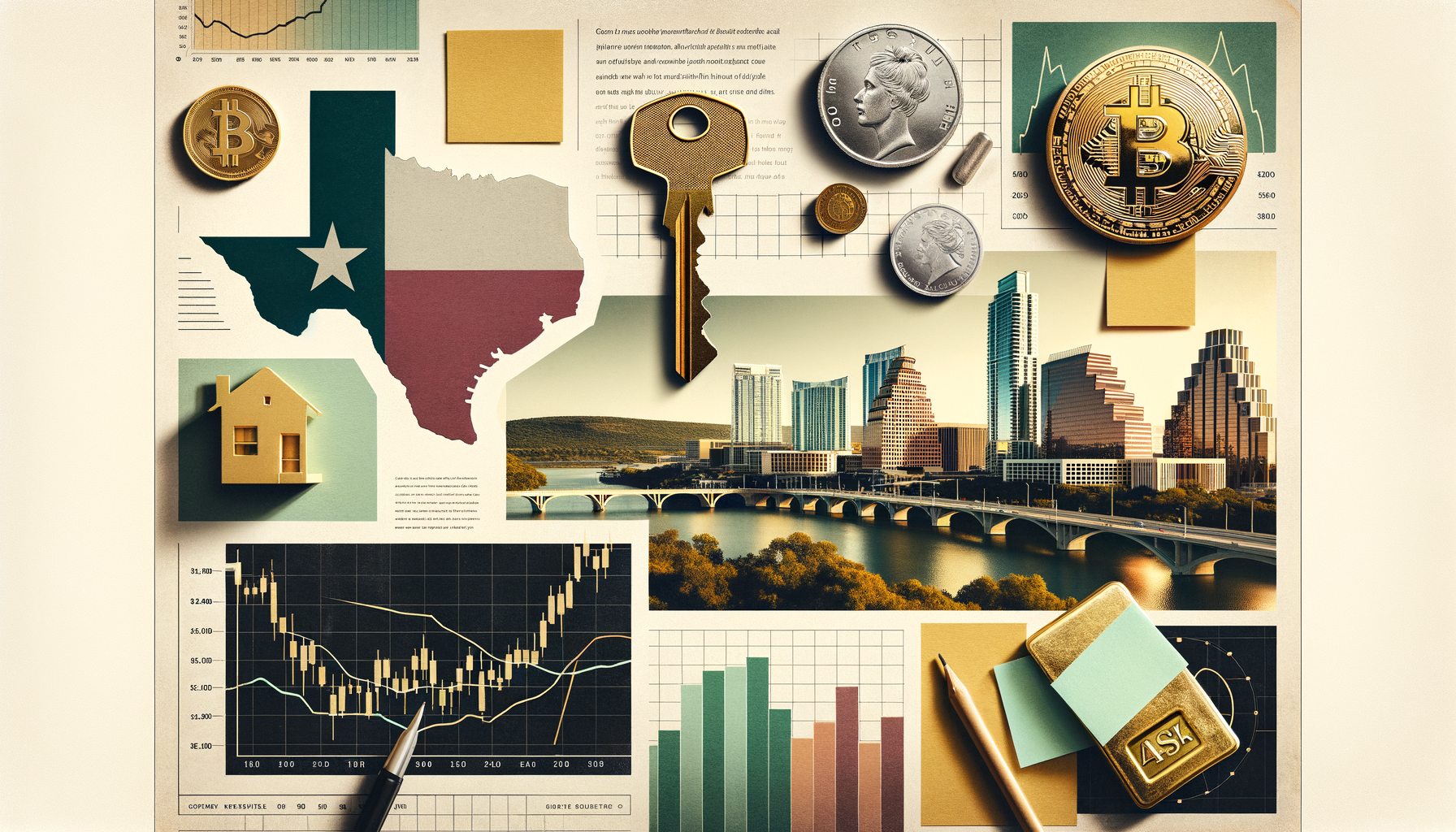 Texas Markets Sell-Off Collage: Stocks, Bitcoin, Gold and Silver Editorial collage showing Texas skyline with icons for stock markets, bitcoin, gold, and silver during a broad sell-off
