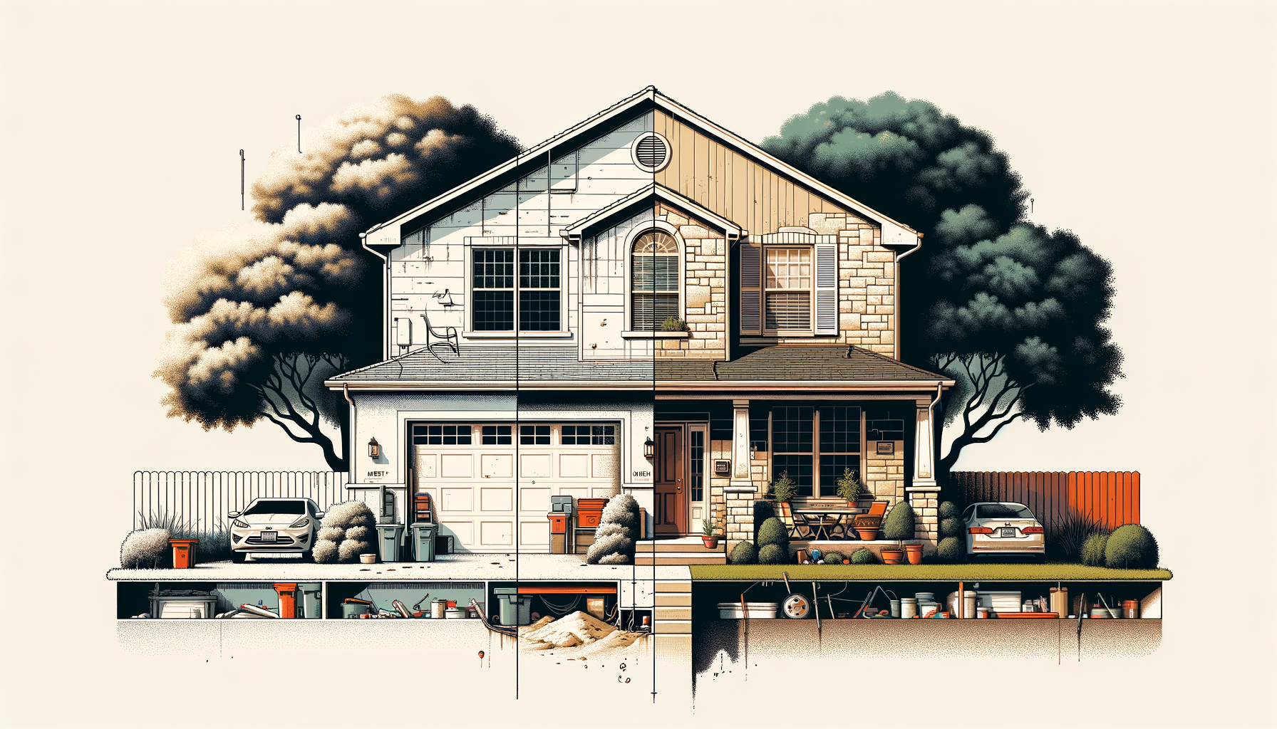 Aesthetic vs Structural Red Flags Texas Home Inspection Illustration Illustration showing cosmetic vs structural home problems in a Texas house, including foundation crack and roof issues