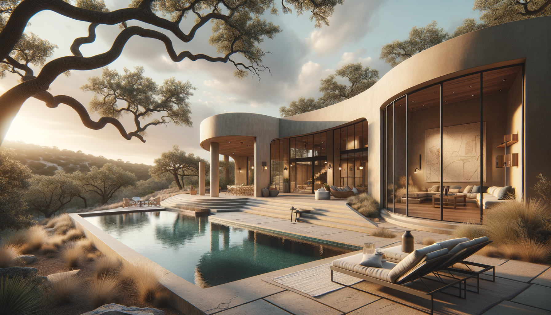 2026 Texas Modern Indoor-Outdoor Home Design with Retractable Walls Modern Texas Hill Country home with curved stucco, limestone, retractable glass wall, and inside-outside swimming pool