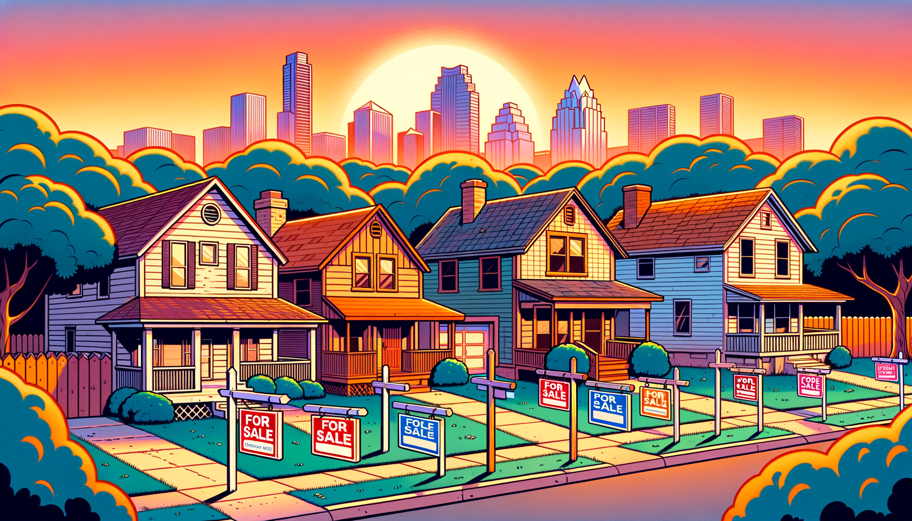 Texas Housing Inventory Trends 2026 Balanced Market Illustration Cartoon-style illustration of Texas homes with for-sale signs symbolizing a balanced housing market and rising inventory in 2026
