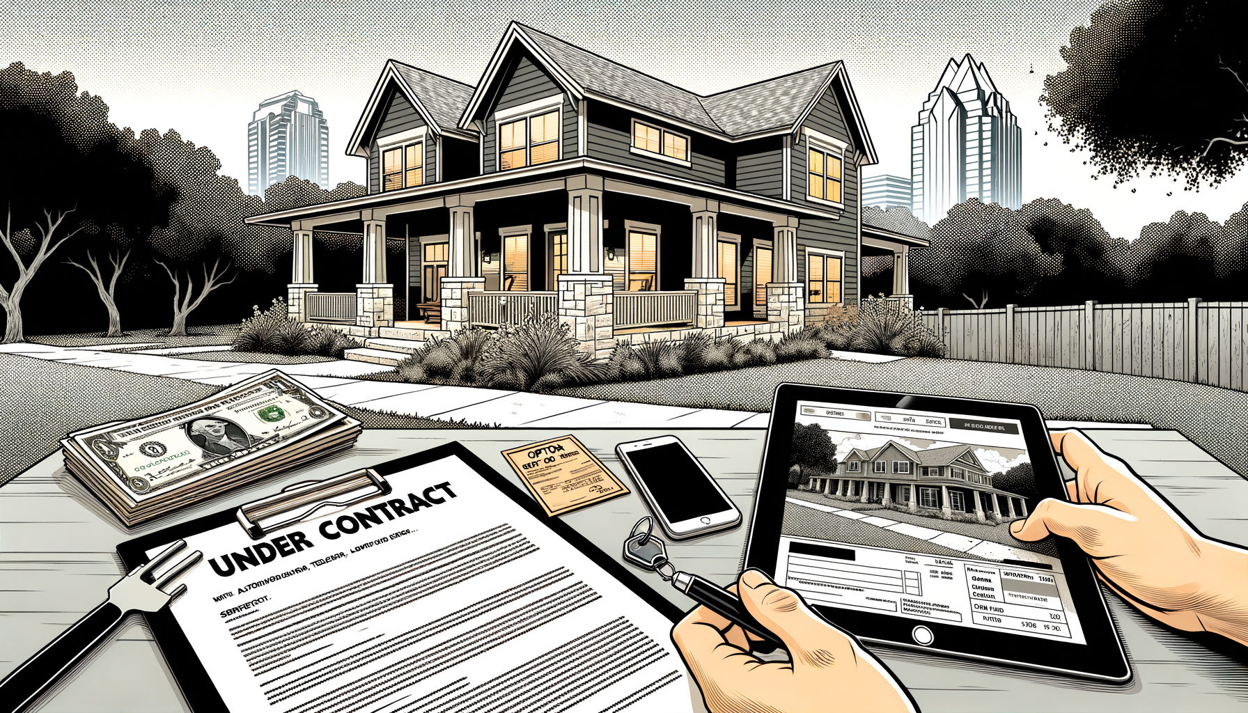 Texas home under contract with closing documents and keys illustrating the option period, inspection, appraisal, and closing process