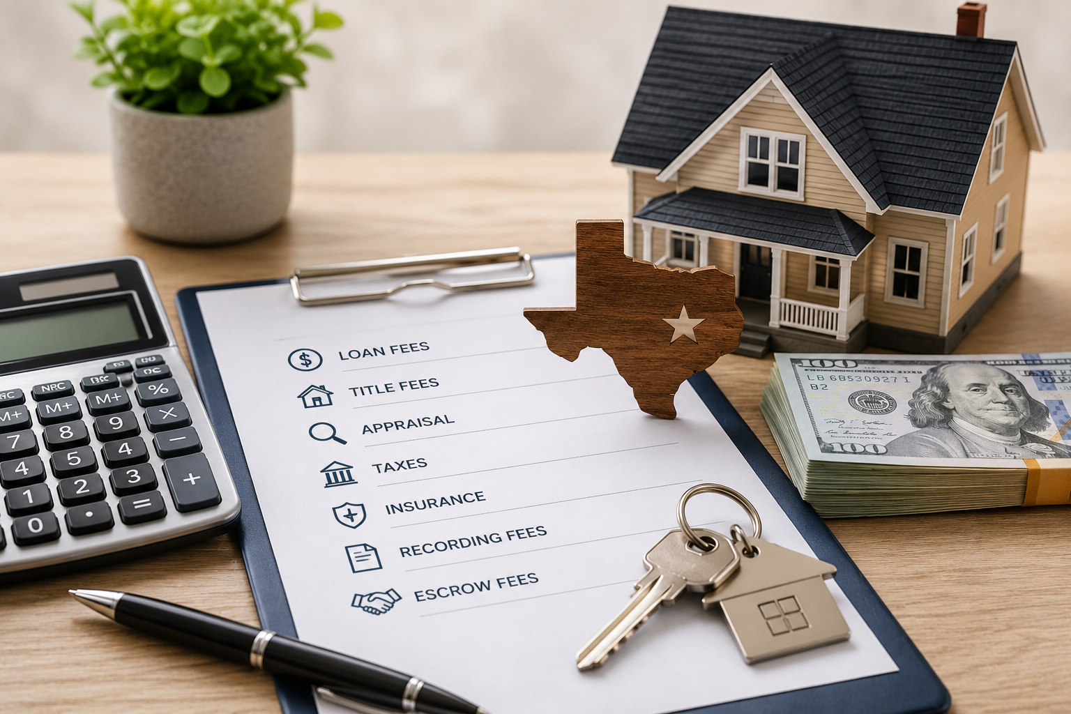 Clipboard showing a home-loan checklist with items like loan fees, appraisal, taxes, and escrow, beside a model house and a key ring on a desk.