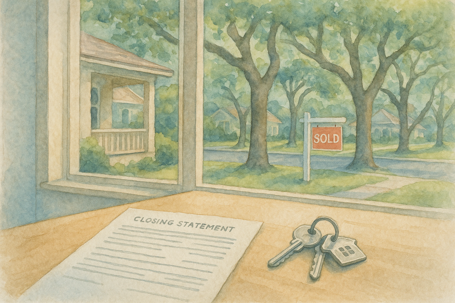 Texas seller closing costs at home closing table watercolor Watercolor of a Texas home closing table with keys and closing documents representing seller closing costs