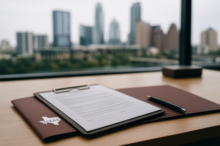 Texas real estate brokerage move paperwork and skyline › Texas Ally Real Estate Group, LLC Clipboard with real estate paperwork on a desk with the Austin, Texas skyline blurred in the background, representing a brokerage transition