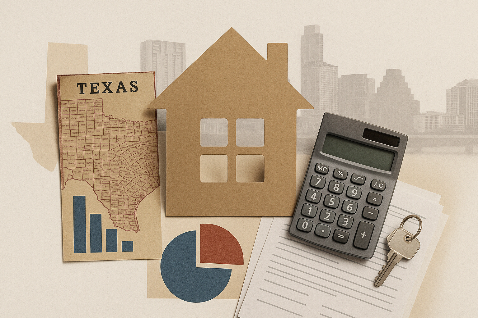 Texas Closing Costs Guide for Buyers and Sellers Brown cardboard house cutout placed over mortgage paperwork, a Texas map chart, a calculator, and keys on a light background (real estate concept).
