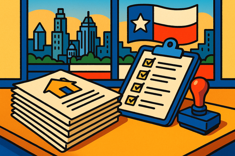 Texas real estate closing paperwork checklist illustration › Texas Ally Real Estate Group, LLC Cartoon-style stack of Texas real estate closing documents and checklist on a desk with an Austin skyline backdrop