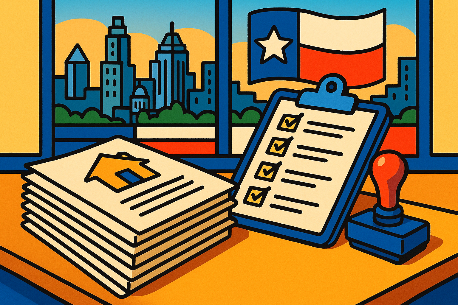 Cartoon-style stack of Texas real estate closing documents and checklist on a desk with an Austin skyline backdrop
