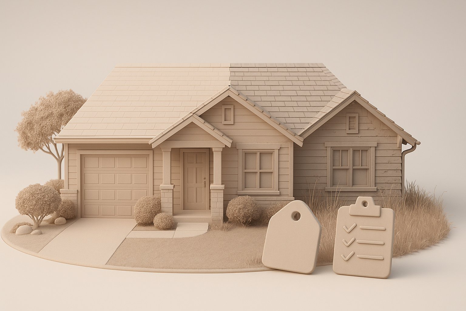 Texas home selling factors that make a house hard to sell Clay-style 3D render of a Texas house showing staged vs neglected curb appeal and a checklist for selling a house in Texas