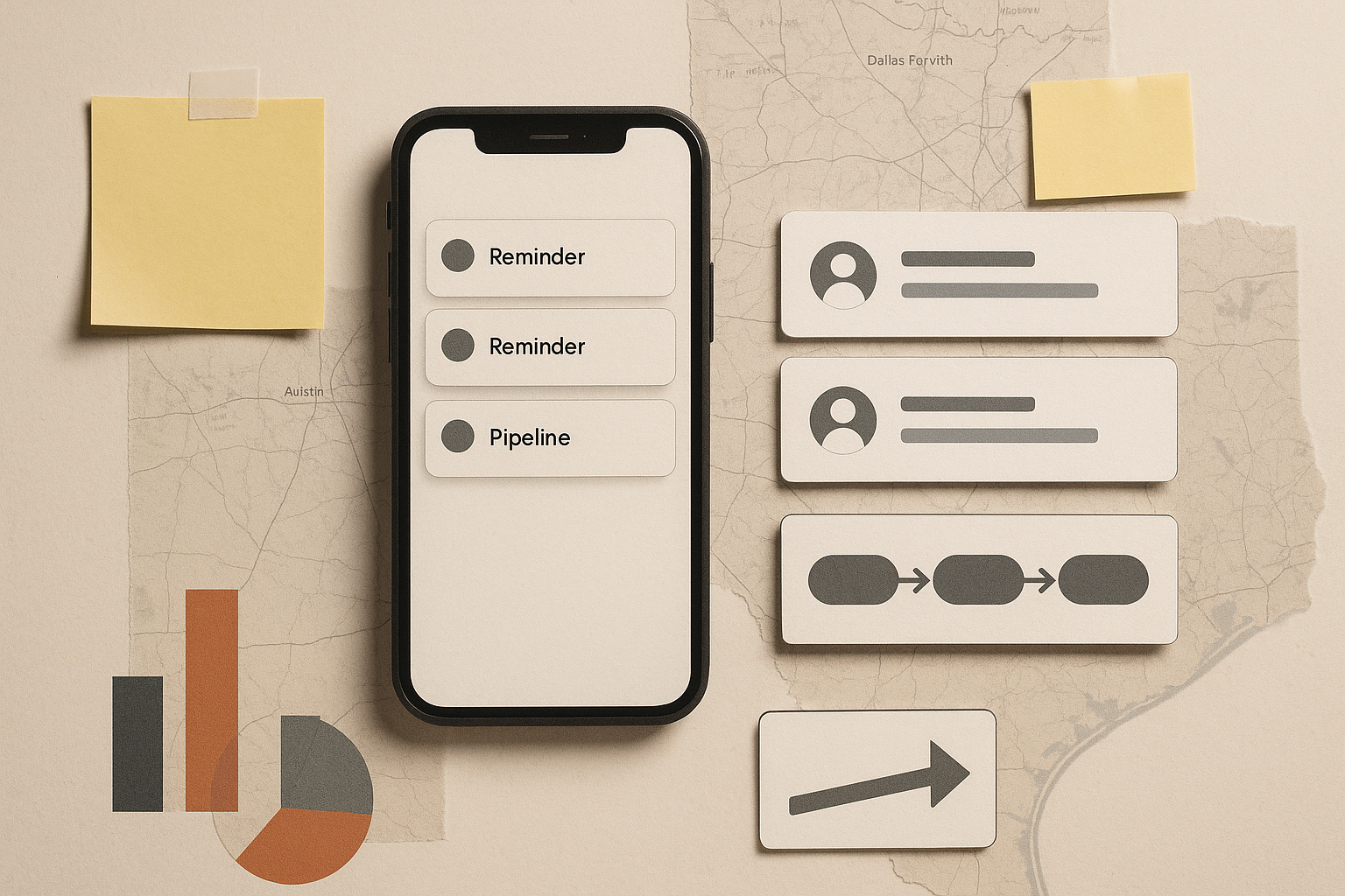 Smartphone on a beige map background showing three rounded cards labeled Reminder and a separate Pipeline card section to the right, with sticky notes around.