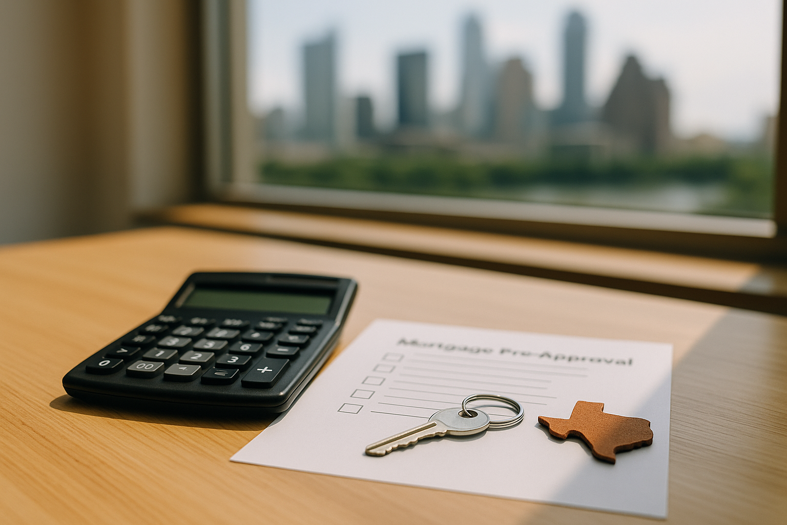 Mortgage pre-approval form on a desk with a key and a Texas-shaped cutout, beside a calculator and a city skyline outside blurred window.