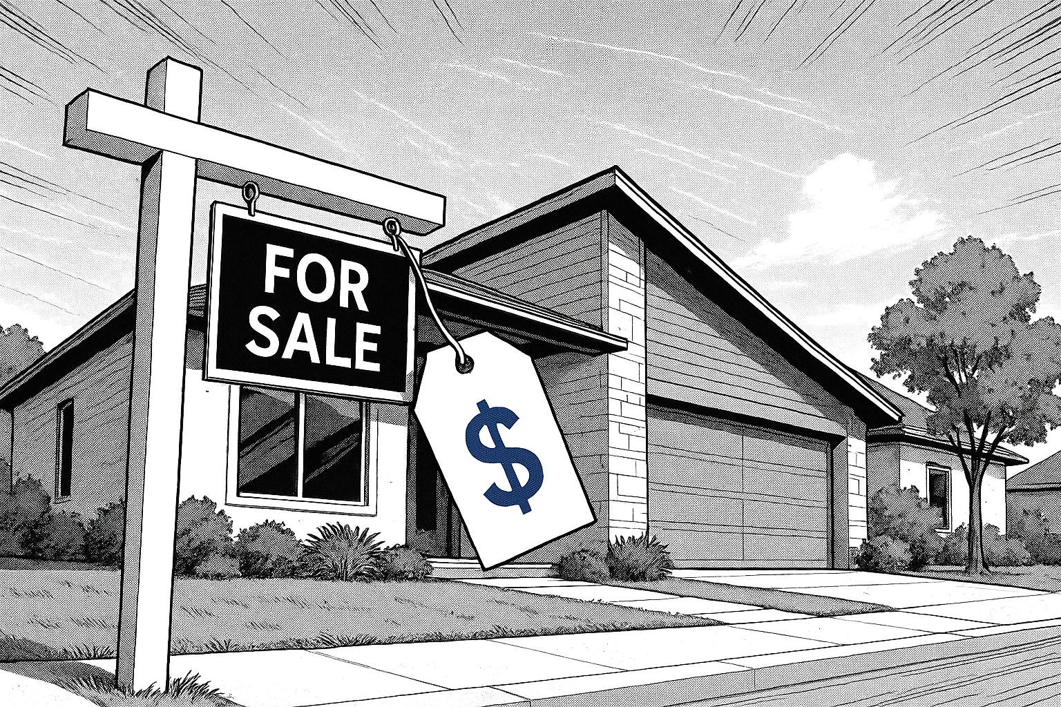 Modern suburban house with a prominent 'For Sale' sign and a hanging price tag in the yard, indicating the home is on the market.