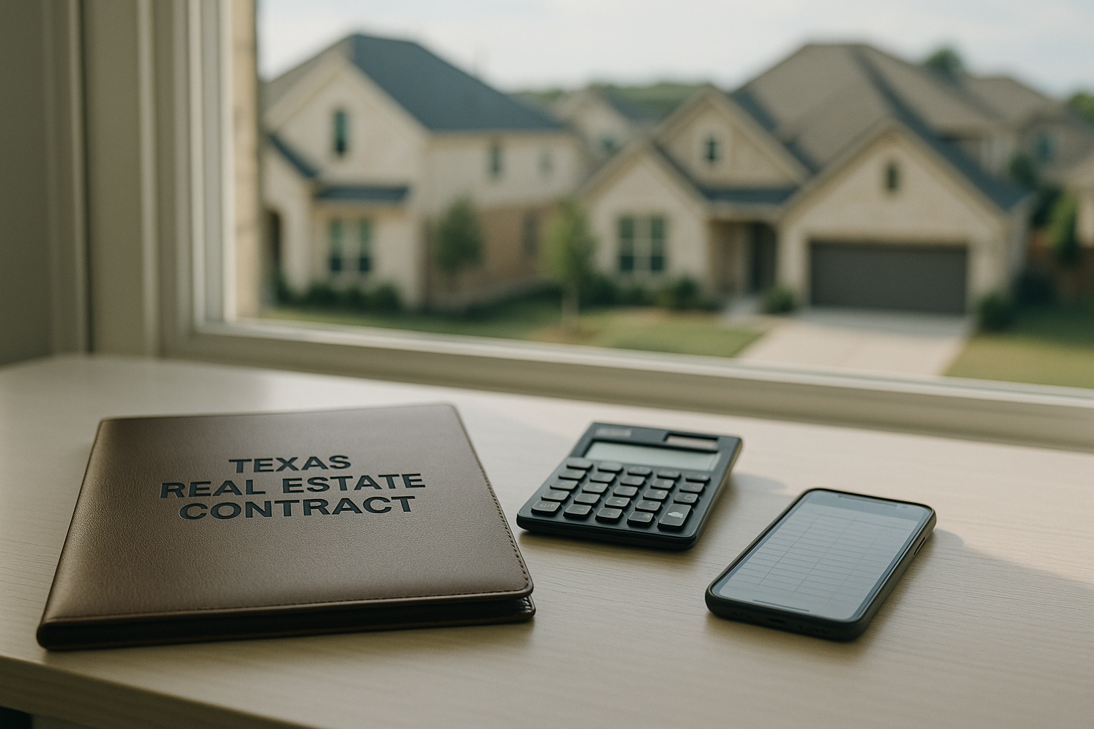 Texas real estate commission math flat-fee vs split Calculator and contract folder on desk with Texas neighborhood in background illustrating agent commission math and flat-fee vs split brokerage comparison