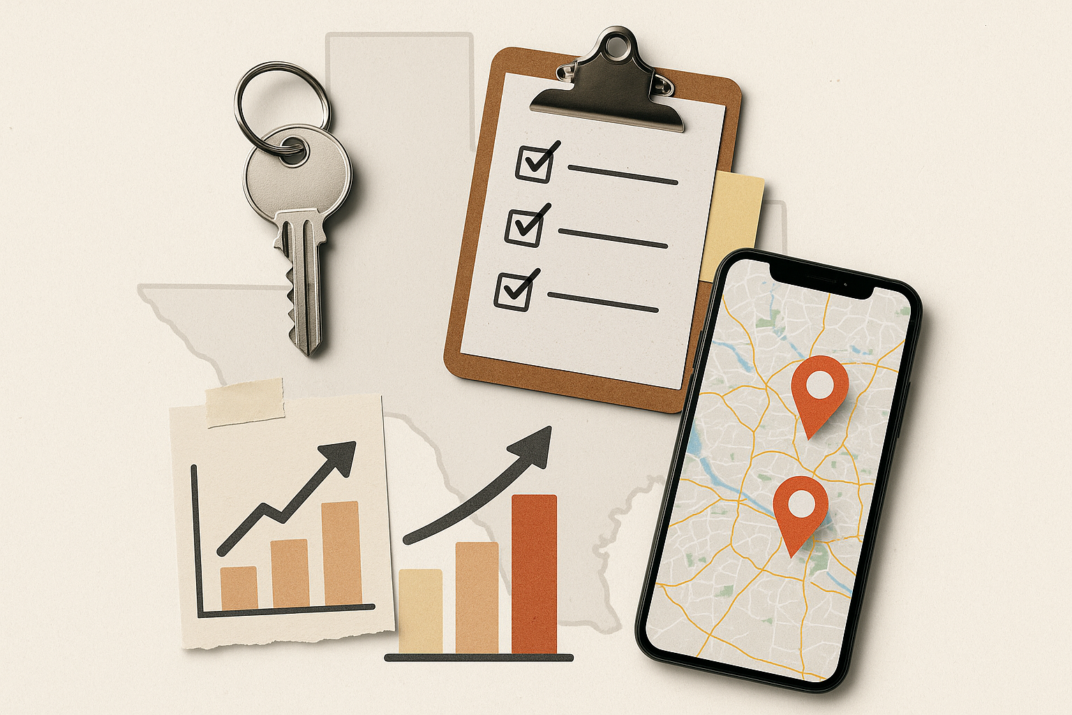 Texas buyer agent showing to offer guide Key ring and clipboard with a three-item checklist surrounded by growth charts and a smartphone map with two location pins, conveying planning and navigation ideas.