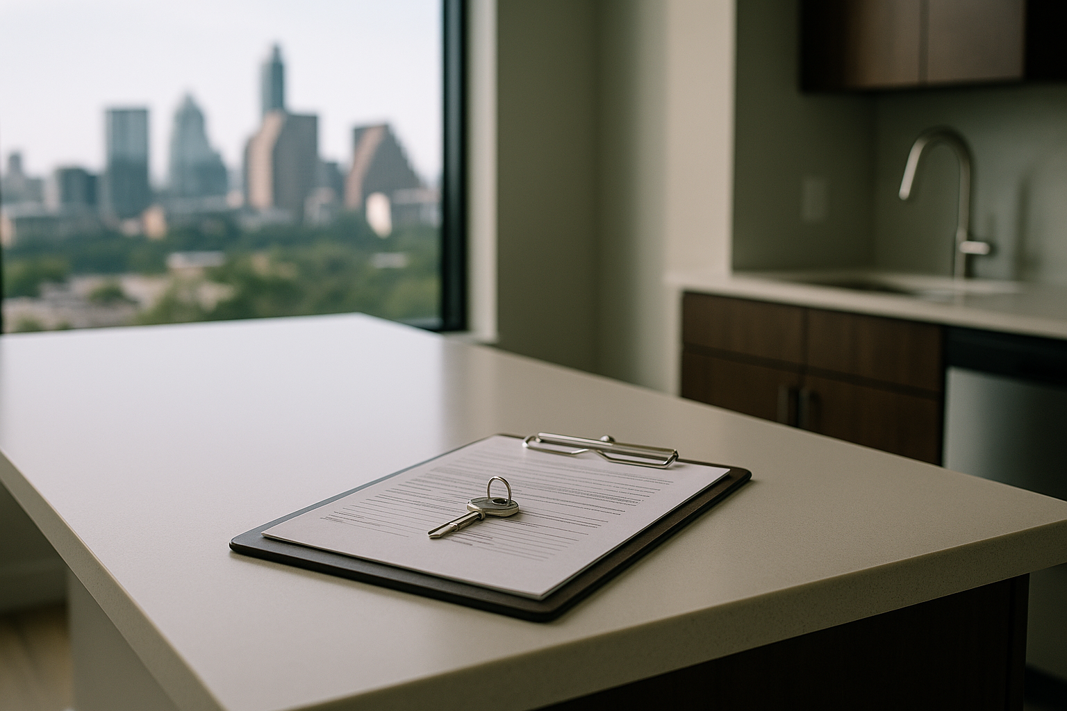Choosing a REALTOR in Texas for Buying or Selling a Home Clipboard with a set of keys resting on a white kitchen island, a blurred city skyline visible through a large window behind them, modern interior.