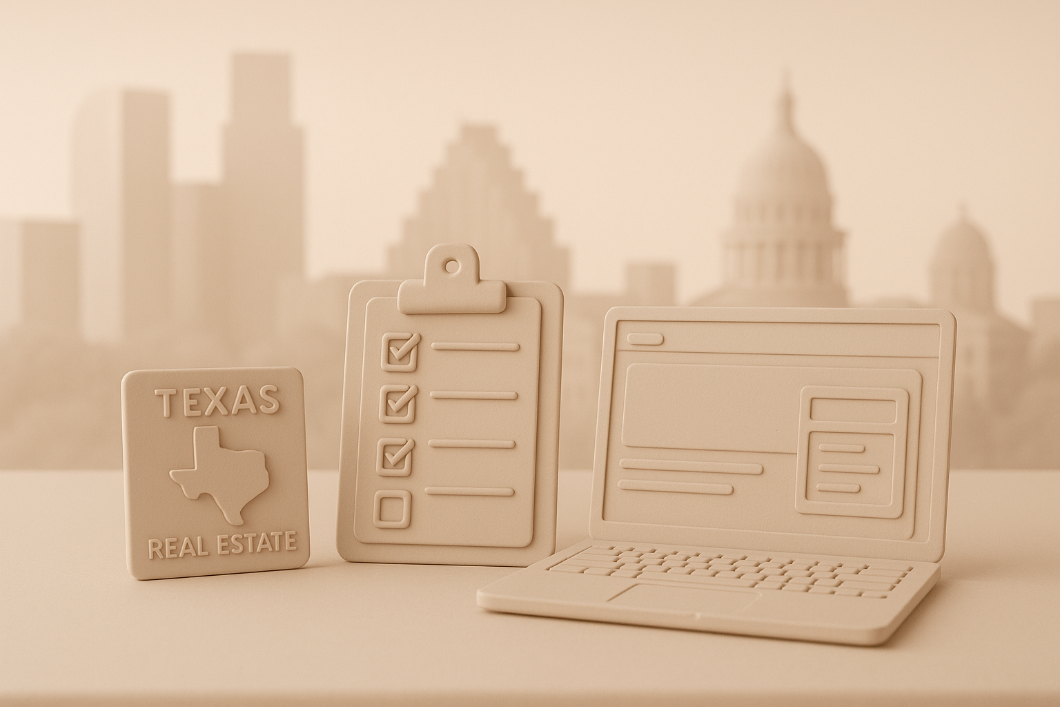 Texas Real Estate License Renewal Checklist and TREC REALM Portal Beige 3D rendering of Texas real estate items: a TX real estate sign, a stacked checklist clipboard, and a laptop with a city skyline in the background.