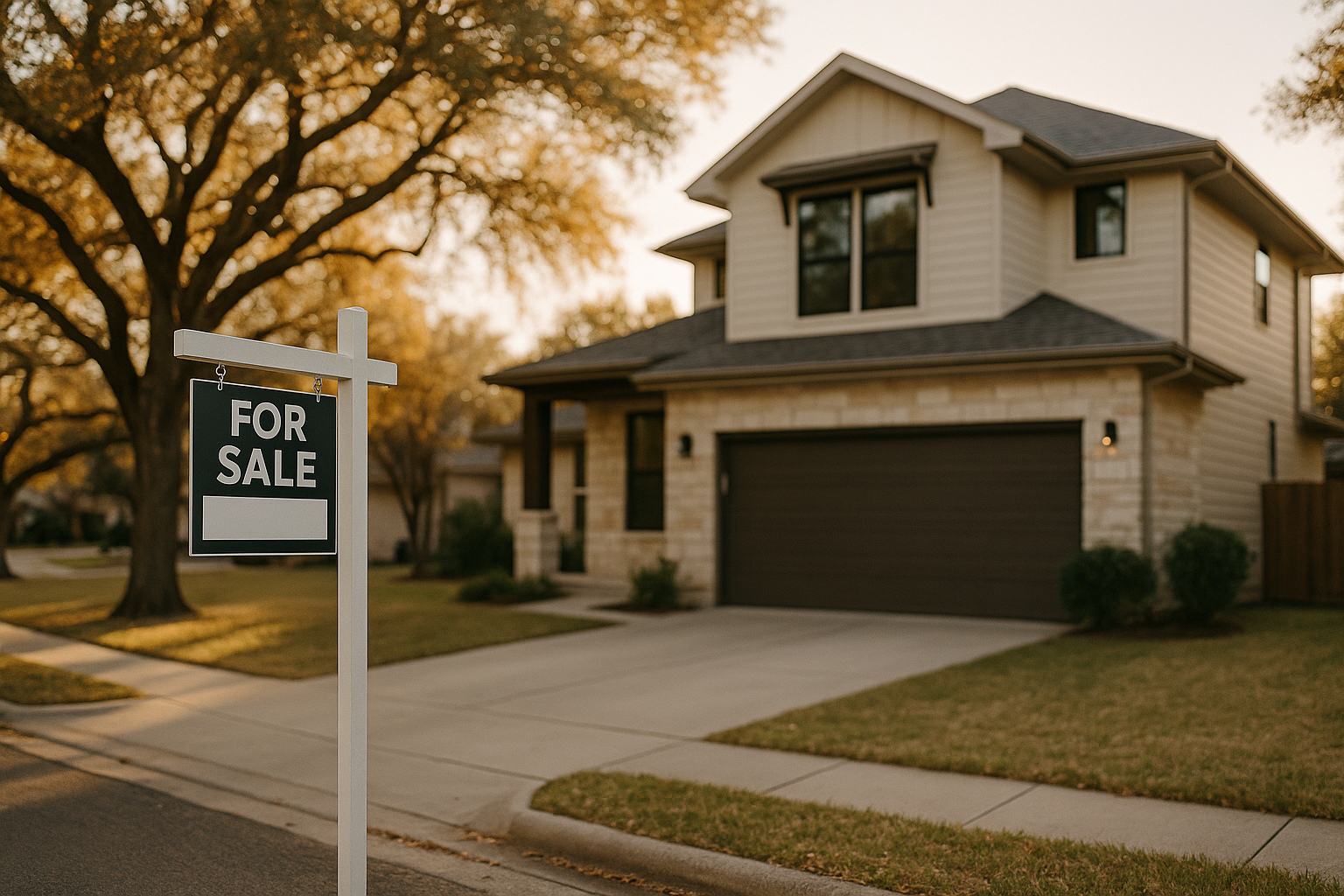 For sale sign on a lawn in front of a two-story suburban house with a closed garage.