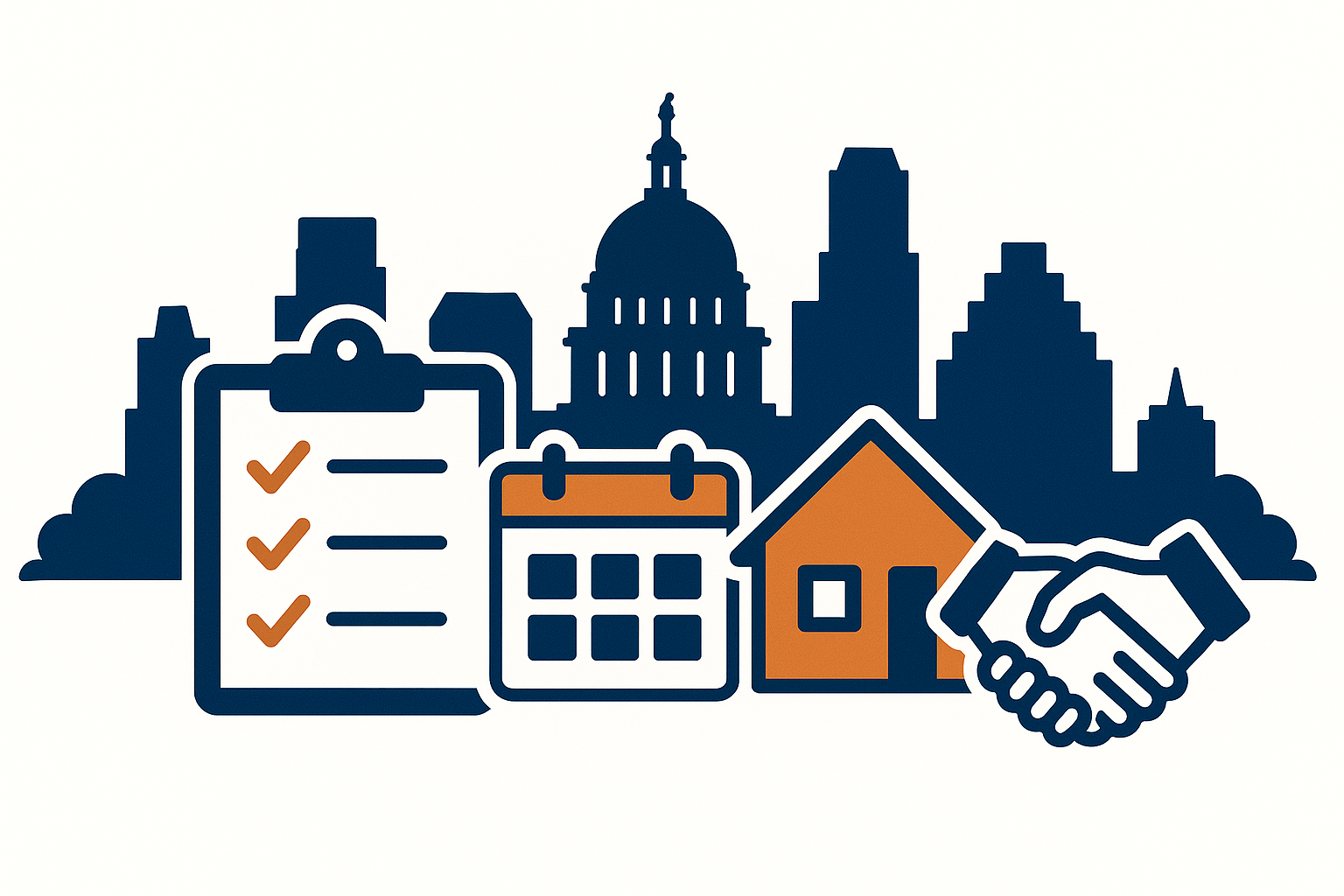 Managing Client Expectations for Texas Real Estate Agents Vector illustration of a Texas real estate transaction roadmap with clipboard, calendar, house icon, and Austin skyline