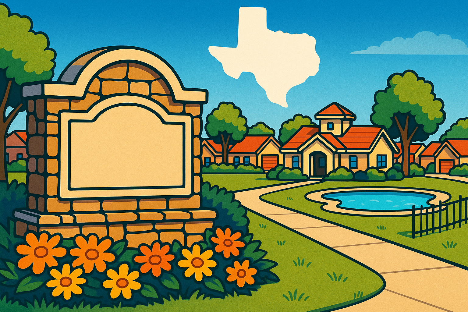 Buying a Home With an HOA in Texas Neighborhood Entrance Cartoon suburban scene with a large beige stone sign in the foreground, orange flowers, a curved sidewalk, a circular pool, and colorful houses under a blue sky with a white Texas silhouette.