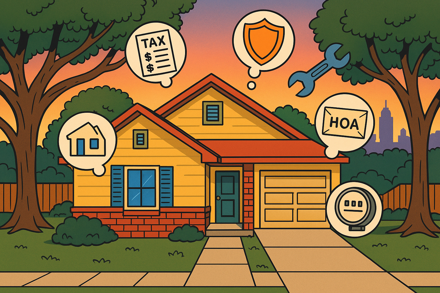 True Cost of Homeownership in Texas Expenses Beyond the Mortgage Cartoon-style house with thought bubbles about taxes, HOA fees, home insurance, and maintenance tools, depicting home ownership costs and responsibilities.