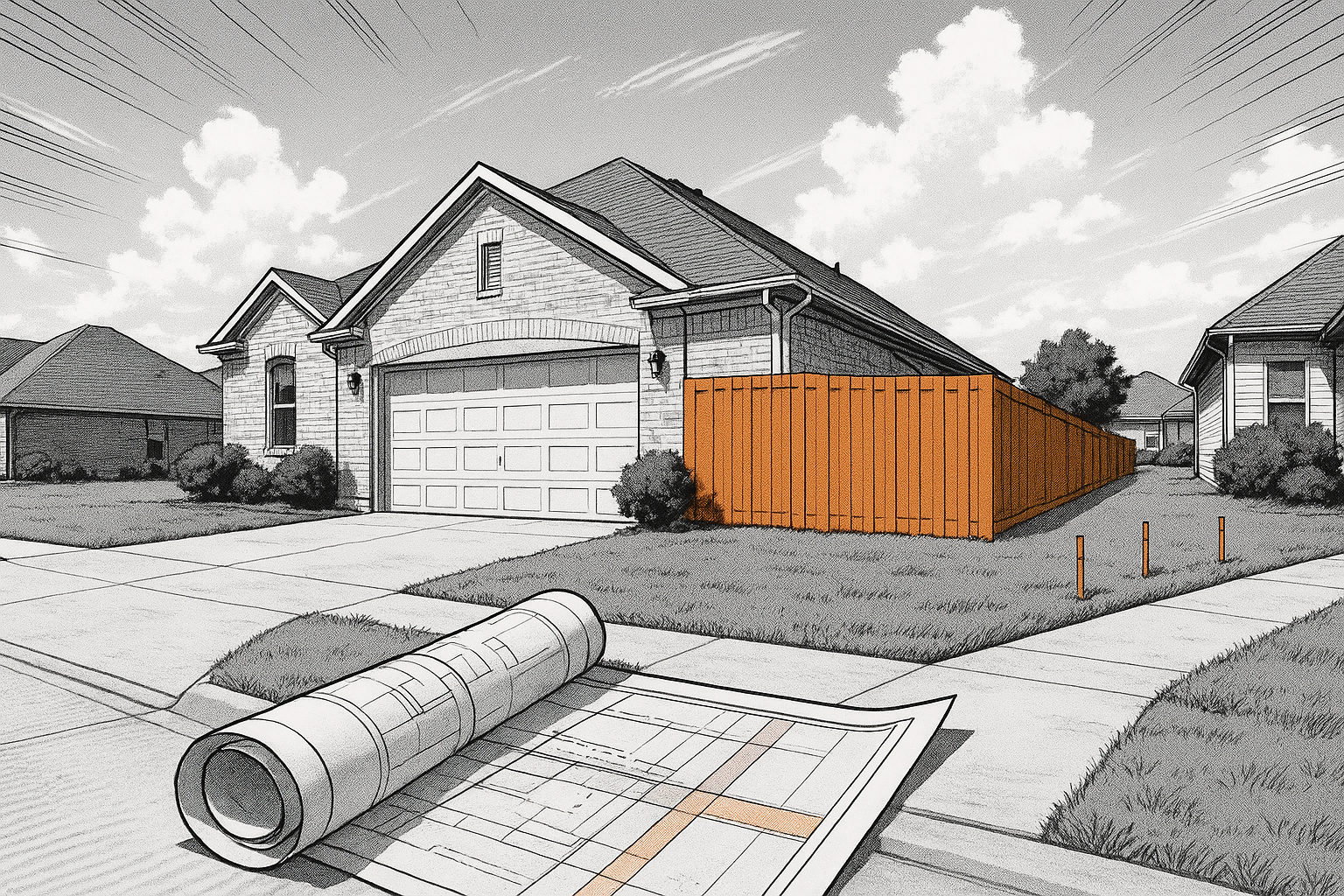 Rolled blueprints on a sidewalk in front of a suburban house with an orange construction fence along the side.