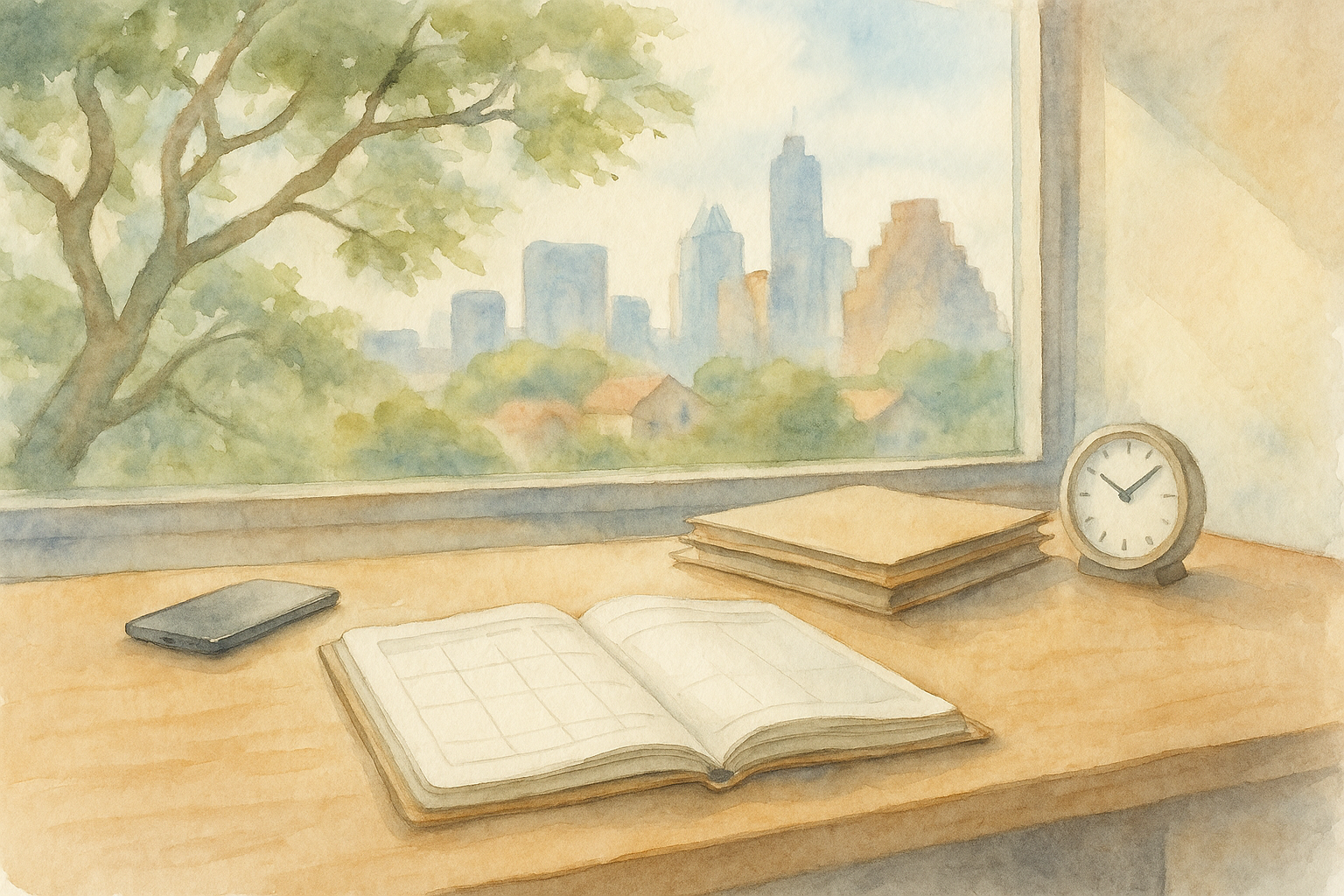 Time Management Strategies for Texas Real Estate Agents Open notebook on a wooden desk by a window overlooking a city skyline, with a clock and stack of folders nearby and a smartphone on the desk.