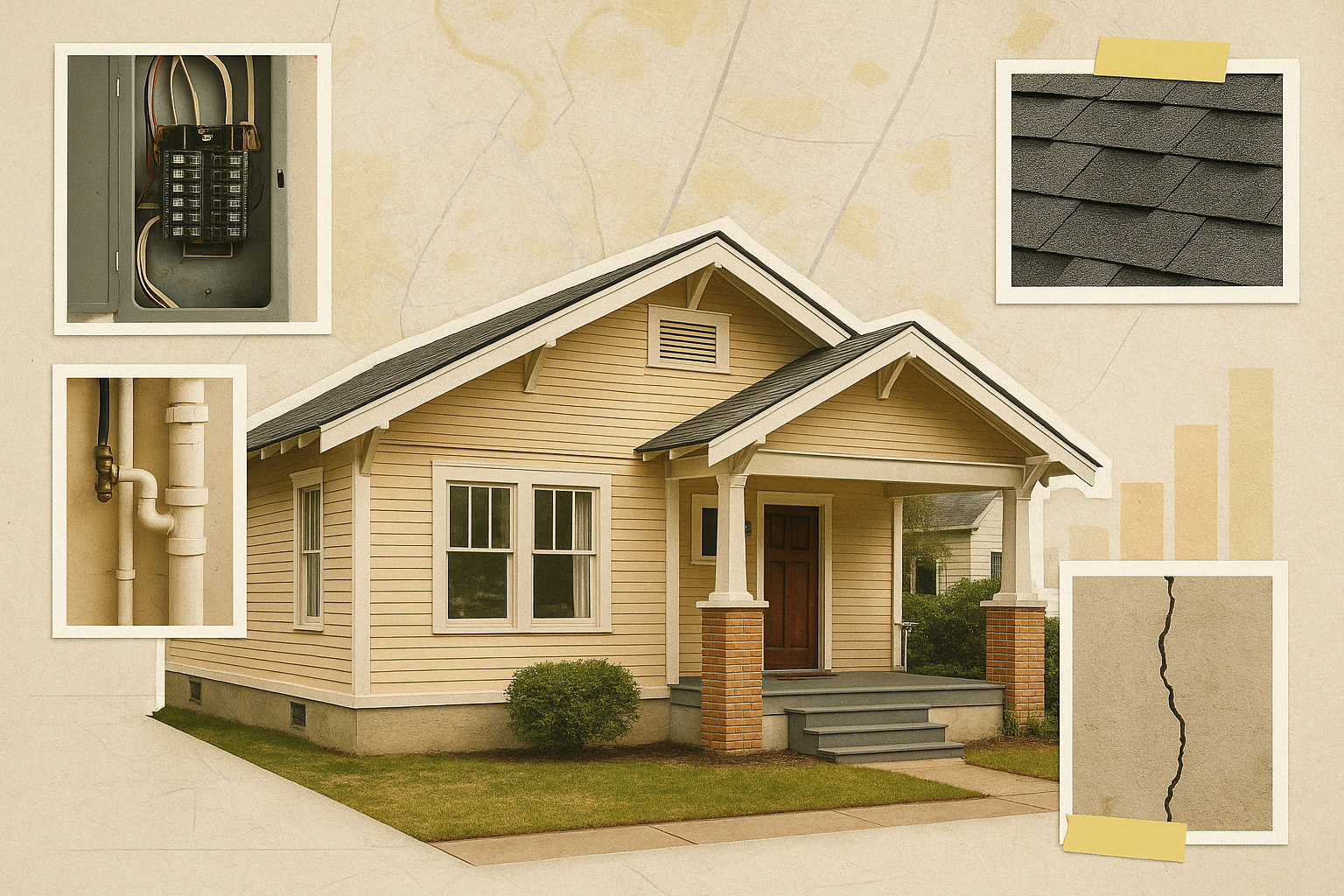 Buying an Older Home in Texas Inspection Checklist Collage Editorial collage of an older Texas home with foundation, roof, electrical, and plumbing details for home inspection guidance