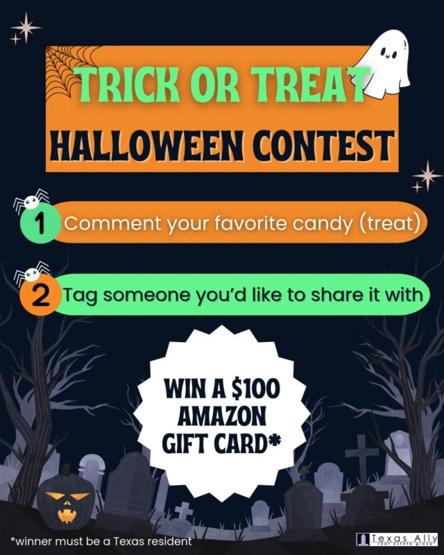 🎃👻 Texas Ally Trick-or-Treat Contest! 👻🎃

Tell us your favorite candy 🍬🍫 and tag a friend you’d share it with for a chance to win a $100 Amazon Gift Card!

📝 How to Enter:
Comment your favorite candy (each comment = 1 entry).
Tag a friend in your comment.
Follow Texas Ally ✔️
Like this post ❤️

💡 The more you comment, the more chances you have to win!

🏆 Prize: $100 Amazon Gift Card

📅 Winner Announcement: The lucky winner will be announced on Halloween (Friday, October 31st) 🎃

❗Important: winner must reside in Texas. 

#Halloween2025 #TrickOrTreat #SpookySeason #ContestAlert #AmazonGiftCard #EnterToWin #TexasAlly #TexasRealEstate