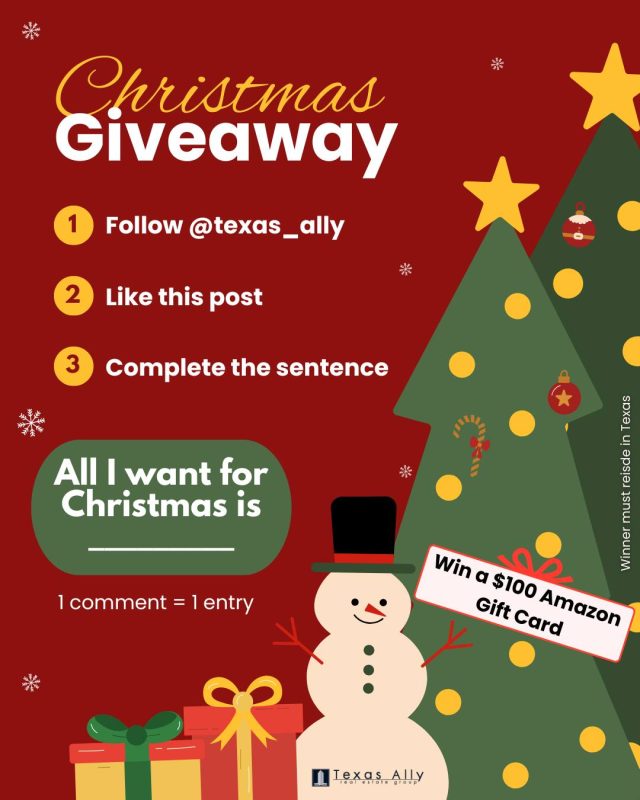 🎁✨ CHRISTMAS GIVEAWAY! ✨🎄

We’re spreading holiday cheer with a chance to win a $100 Amazon Gift Card! 🎅🎉

All you have to do is complete this festive sentence:

👇 “All I want for Christmas is ____________.” 👇

How to Enter:

⭐ Follow our page

🎄 Comment your completed sentence

💬 Enter as many times as you want because every comment counts

Be creative with your answers! They can be funny, serious or wild but keep them PG. We can’t wait to read what you come up with! 😄🎁✨

📅 Contest ends December 23rd
🏆 Winner will be selected at random and must reside in Texas

Let the holiday fun begin! 🎅🌟🎄

#TexasAllyChristmas #TexasAllyRealEstate #HolidayGiveaway #ChristmasContest